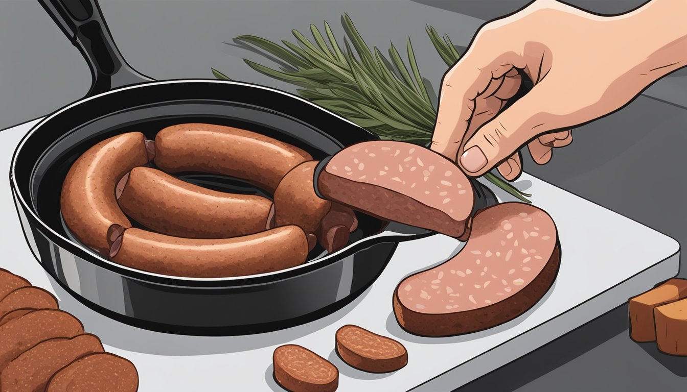 Andouille sausage being sliced and placed in a skillet over medium heat