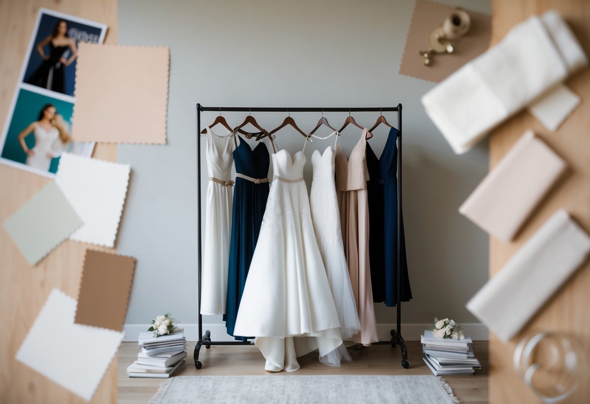 A clothing rack filled with elegant wedding attire, surrounded by swatches of fabric and fashion magazines for inspiration