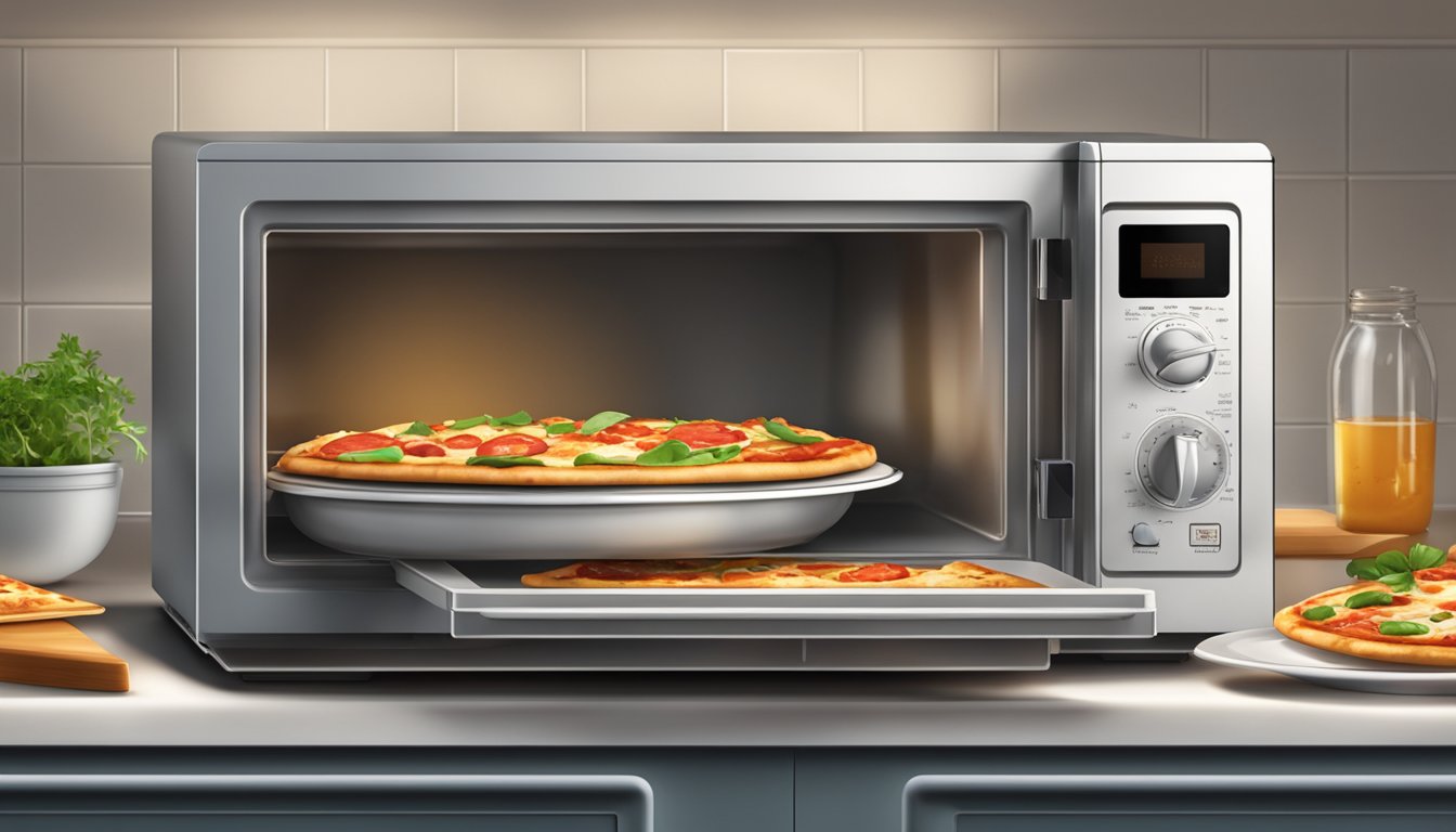 An open microwave with a plate of anchovy pizza inside, steam rising from the hot food