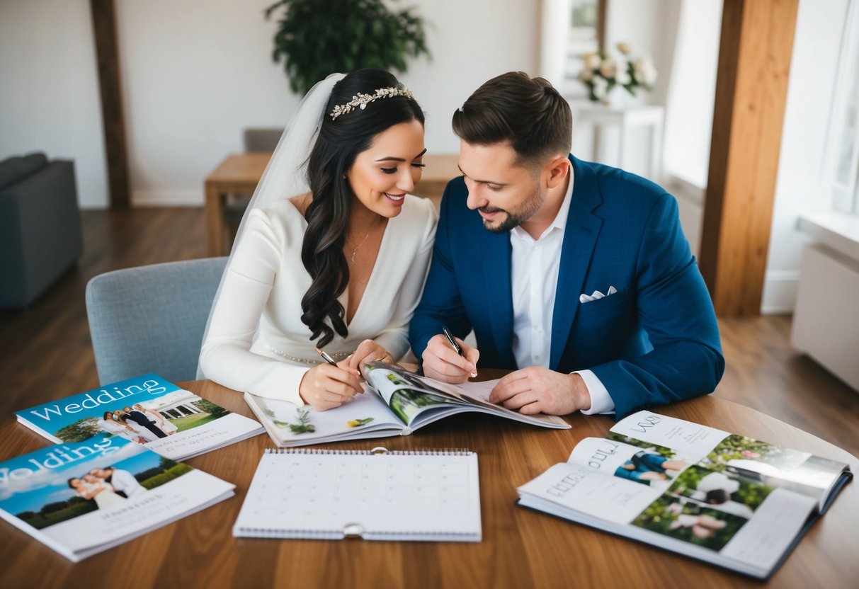 A couple sits at a table, surrounded by wedding magazines and a calendar. They are discussing plans and making notes