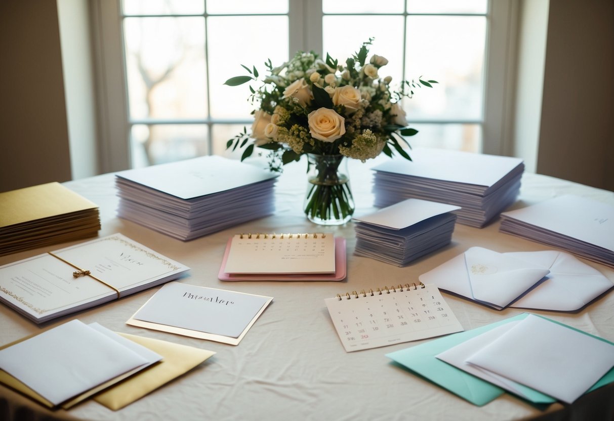 A table covered in wedding planning materials: invitations, a calendar, a bouquet of flowers, and a stack of envelopes