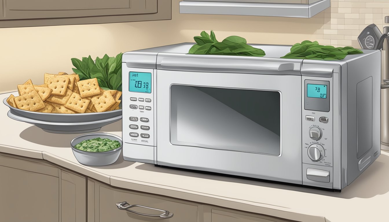 A small bowl of artichoke and spinach dip is being placed in a microwave next to a plate of crackers, with the microwave door closed and the timer set