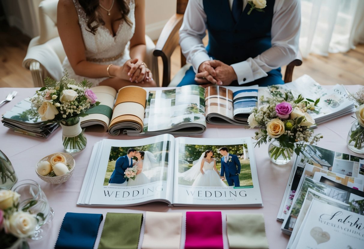 A couple sits at a table covered in wedding magazines, surrounded by swatches of fabric and samples of flowers, discussing details for their upcoming wedding