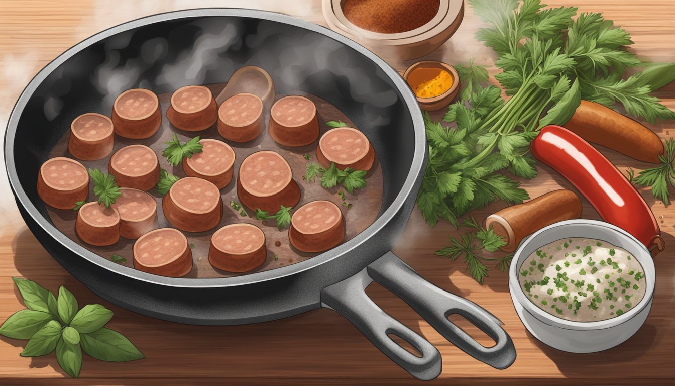 A steaming bowl of sliced andouille sausage being gently reheated in a skillet over a stovetop, surrounded by aromatic herbs and spices