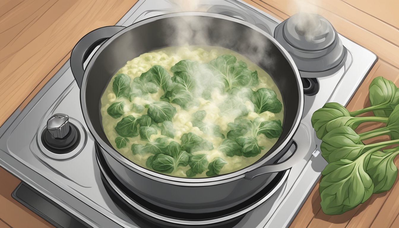 A pot sits on a stovetop with artichoke and spinach dip being reheated inside, steam rising from the bubbling mixture