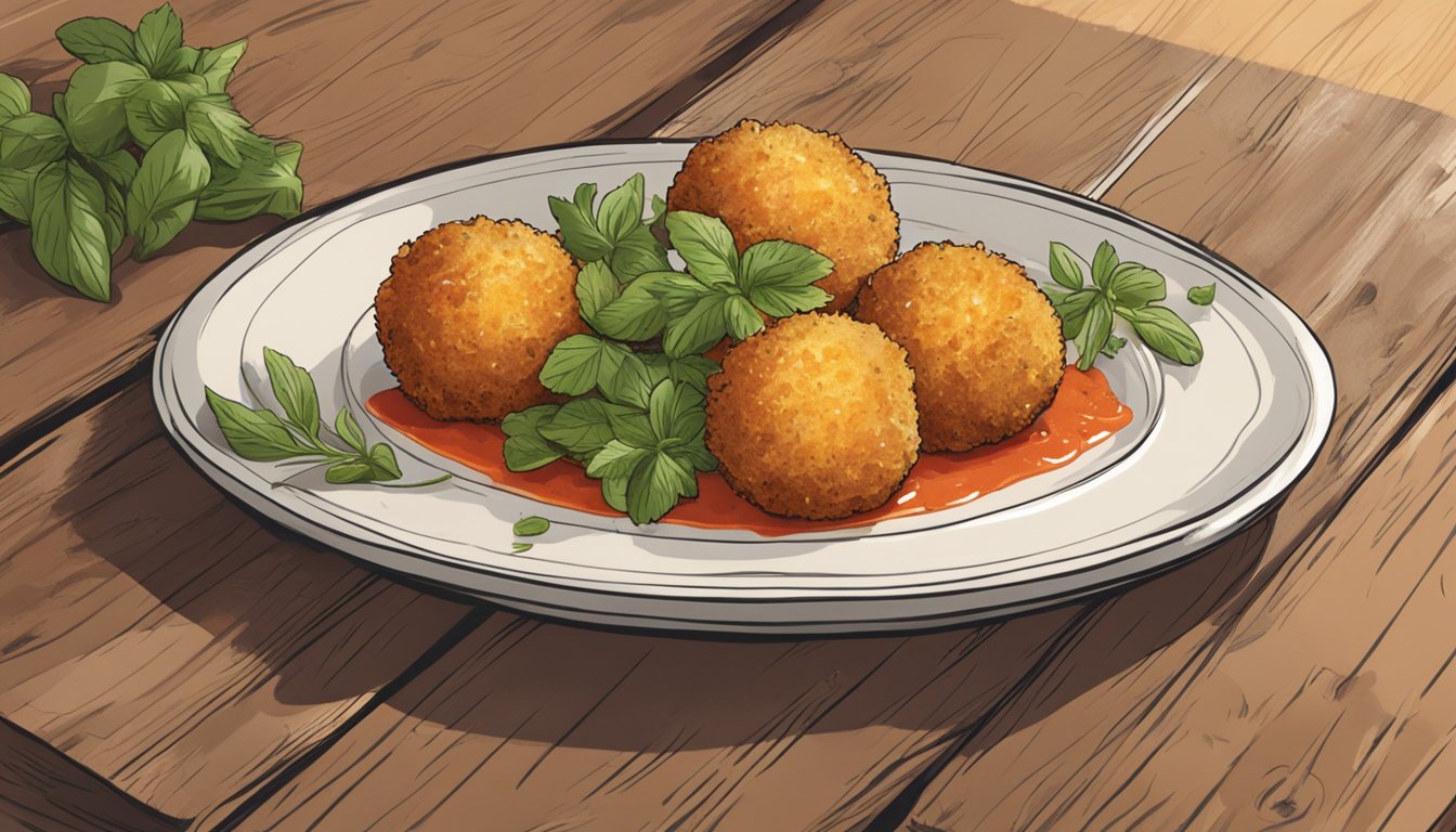 A plate of golden, crispy arancini sits on a rustic wooden table, surrounded by fresh herbs and a drizzle of marinara sauce