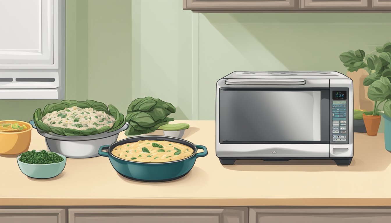 A microwave and oven sit next to a bowl of artichoke and spinach dip, with a stovetop pot and a small crockpot nearby