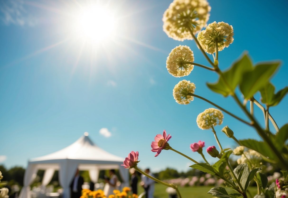 A sunny outdoor wedding venue with blooming flowers and a clear blue sky
