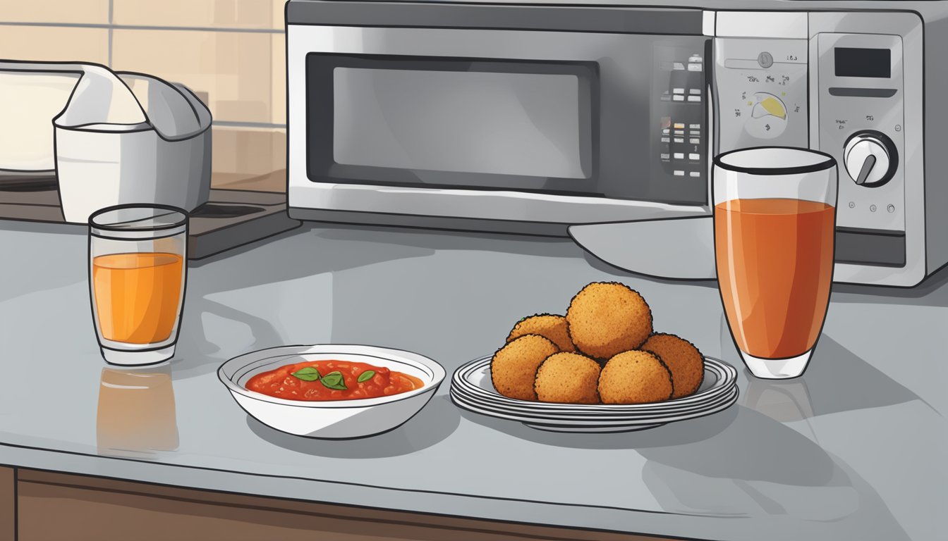 A plate of leftover arancini sits on a kitchen counter next to a microwave and a small bowl of marinara sauce