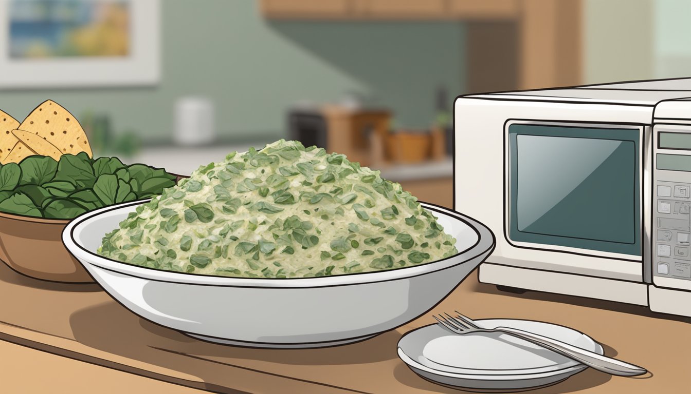 A bowl of artichoke and spinach dip sits next to a microwave. A plate of tortilla chips is nearby