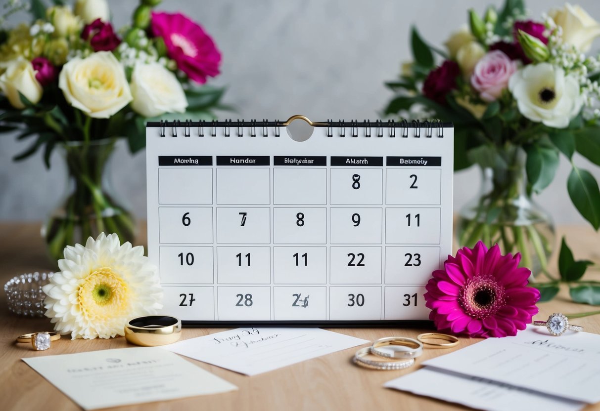 A calendar with 8 months marked, surrounded by wedding-related items like flowers, rings, and invitations
