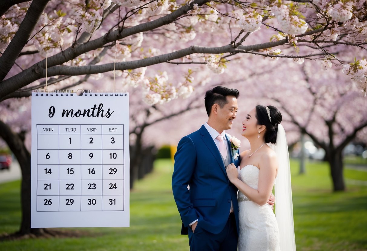 A bride and groom standing under a blooming cherry blossom tree with a calendar showing 9 months until their wedding date