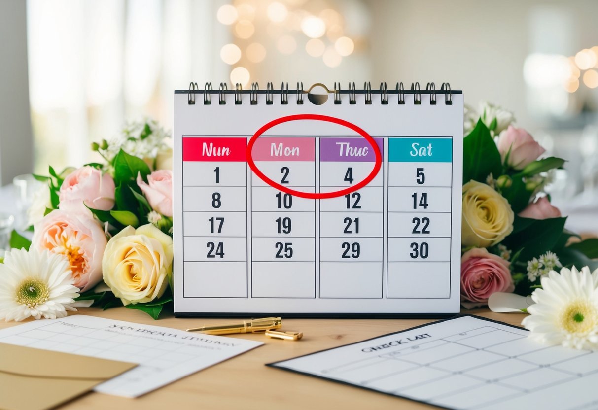 A calendar with the date nine months in the future circled in red, surrounded by wedding planning materials such as flowers, invitations, and a checklist