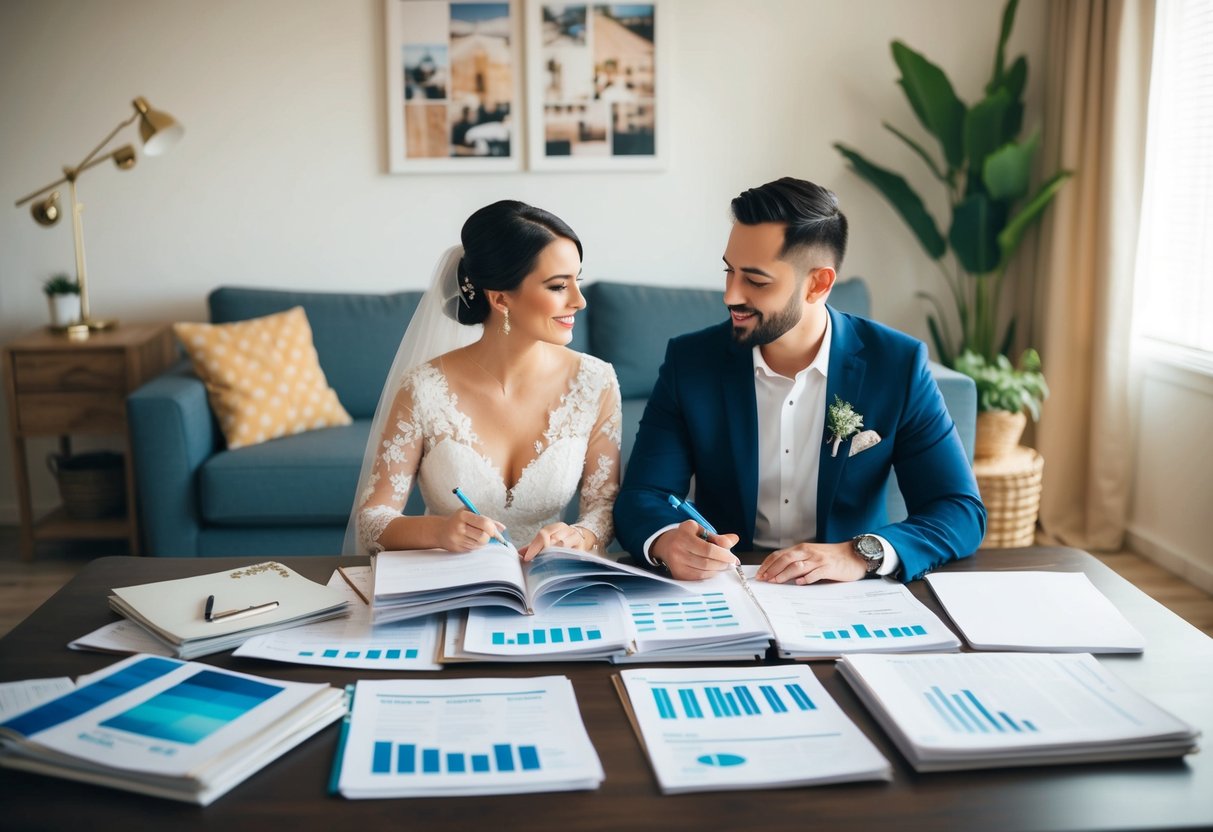 A couple sits at a table covered in wedding magazines and spreadsheets, discussing plans and making notes in a cozy living room