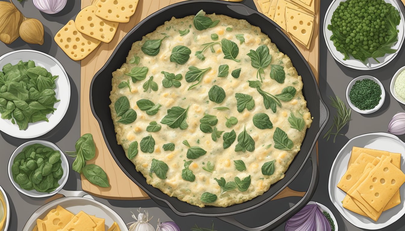 A bubbling skillet of artichoke and spinach dip, surrounded by bowls of additional ingredients like cheese, garlic, and herbs