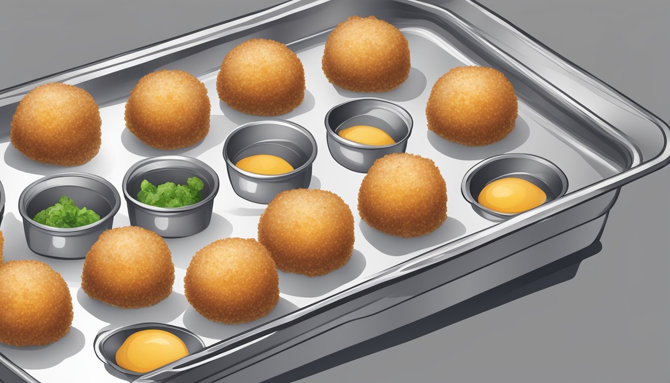 Arancini placed on a baking tray in a preheated oven. Timer set. Steam rising as they heat up