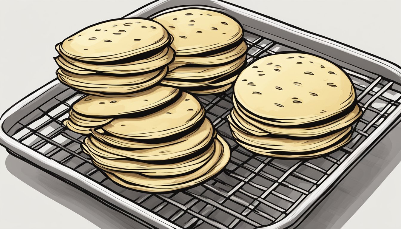 A stack of freshly made arepas arranged on a cooling rack with a kitchen towel covering them, ready to be stored or reheated