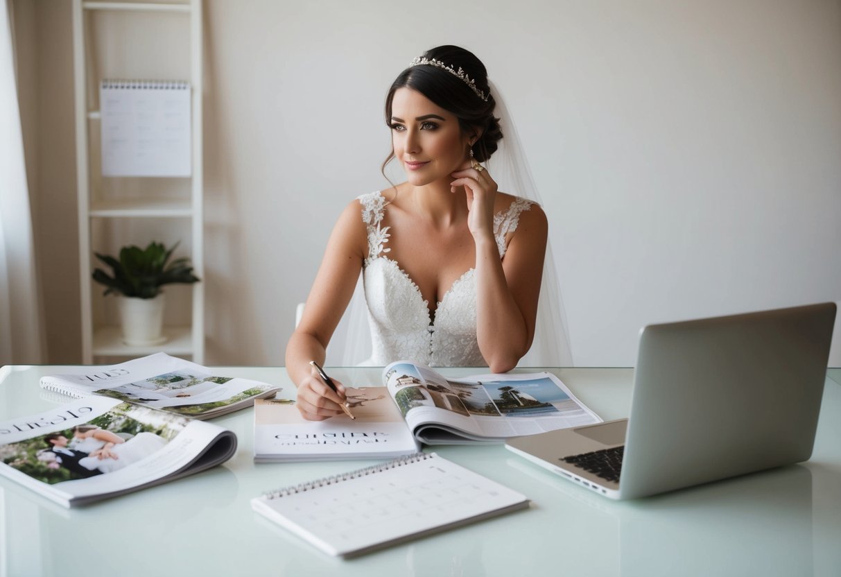 A bride-to-be sits at a desk surrounded by wedding magazines, a calendar, and a laptop. She looks contemplative as she considers her options for planning her big day