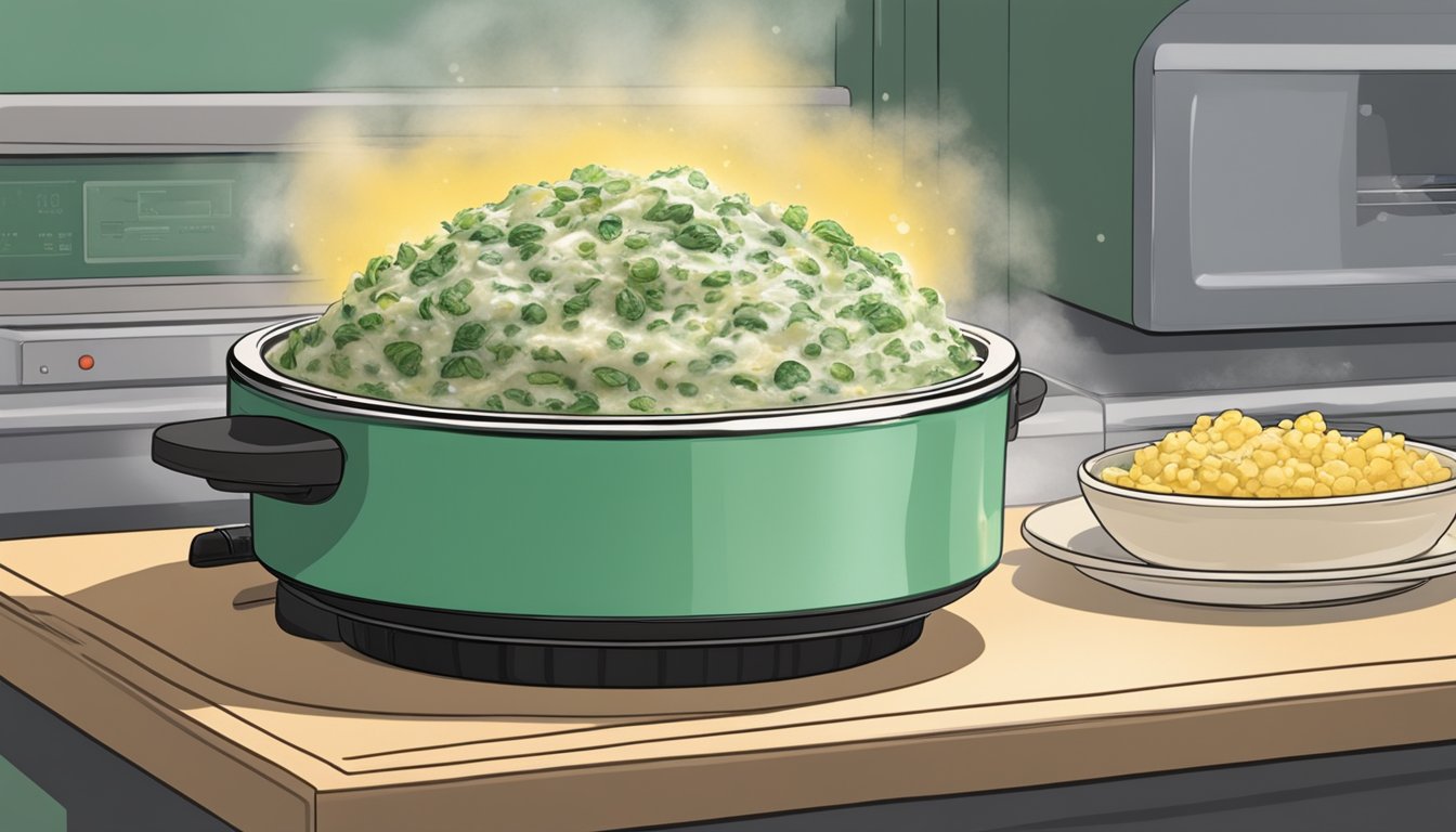 A small dish of spinach artichoke dip sits in a microwave, rotating on the turntable as it heats up. The cheesy mixture bubbles and steams, emitting a mouthwatering aroma