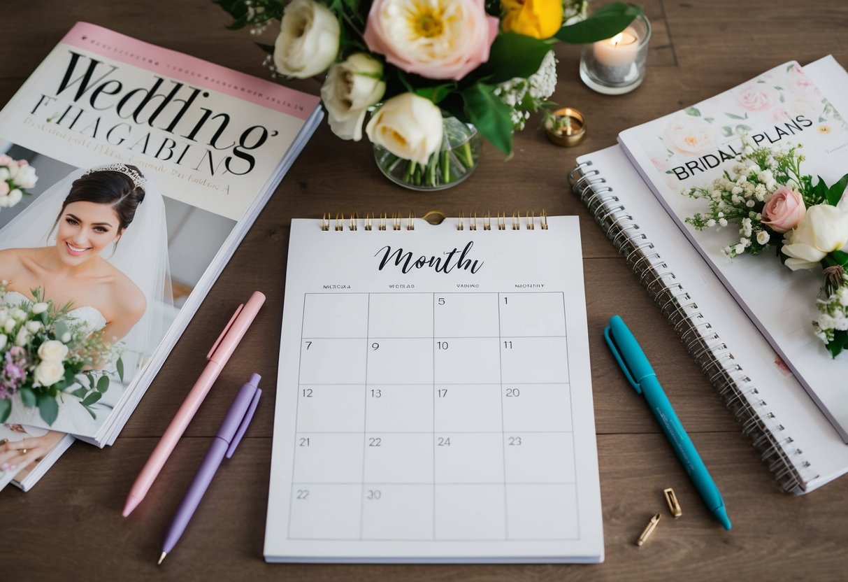 A calendar with the month of the wedding circled, surrounded by bridal magazines and a notebook filled with wedding plans