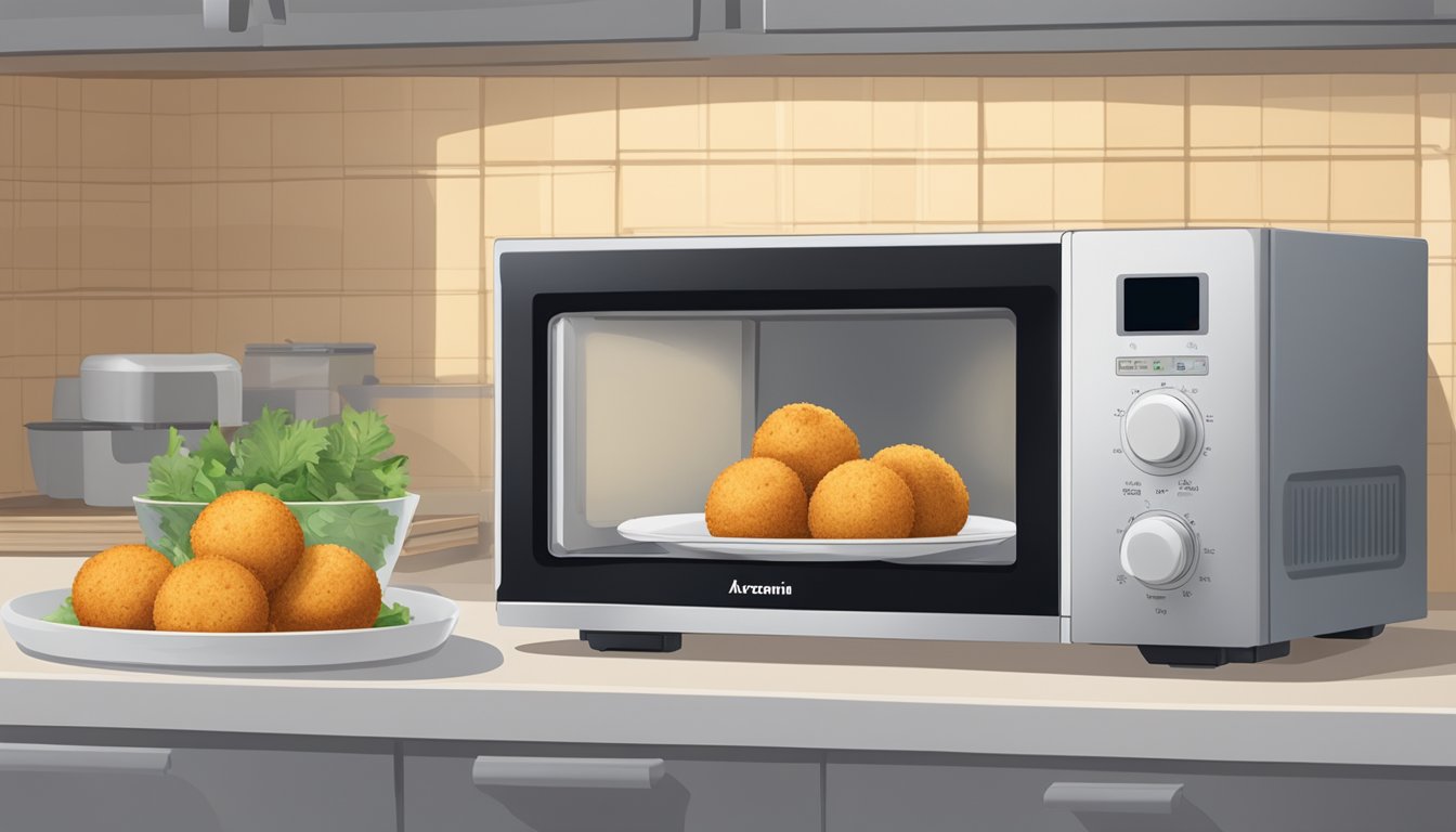 A plate of arancini sits inside a microwave. The microwave door is closed, and the timer is set to reheat the arancini