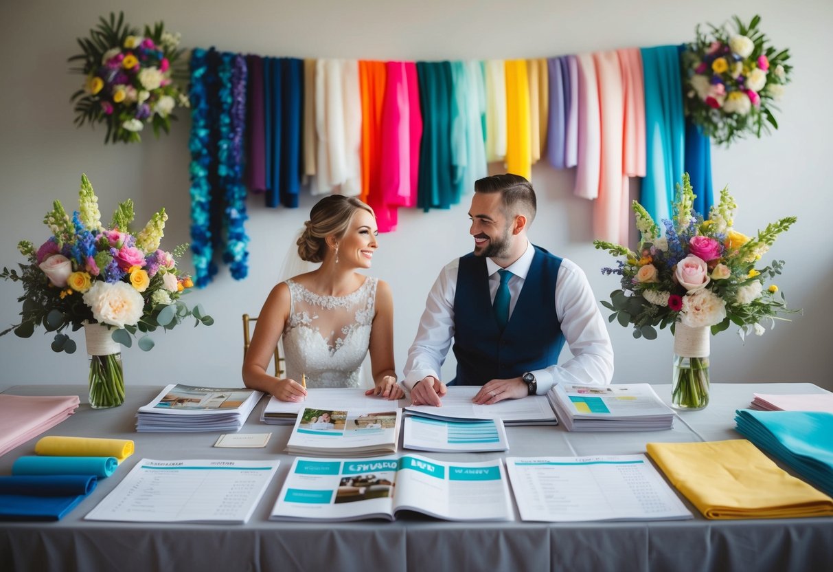 A couple sits at a table covered in wedding magazines and spreadsheets, surrounded by colorful swatches of fabric and flower arrangements