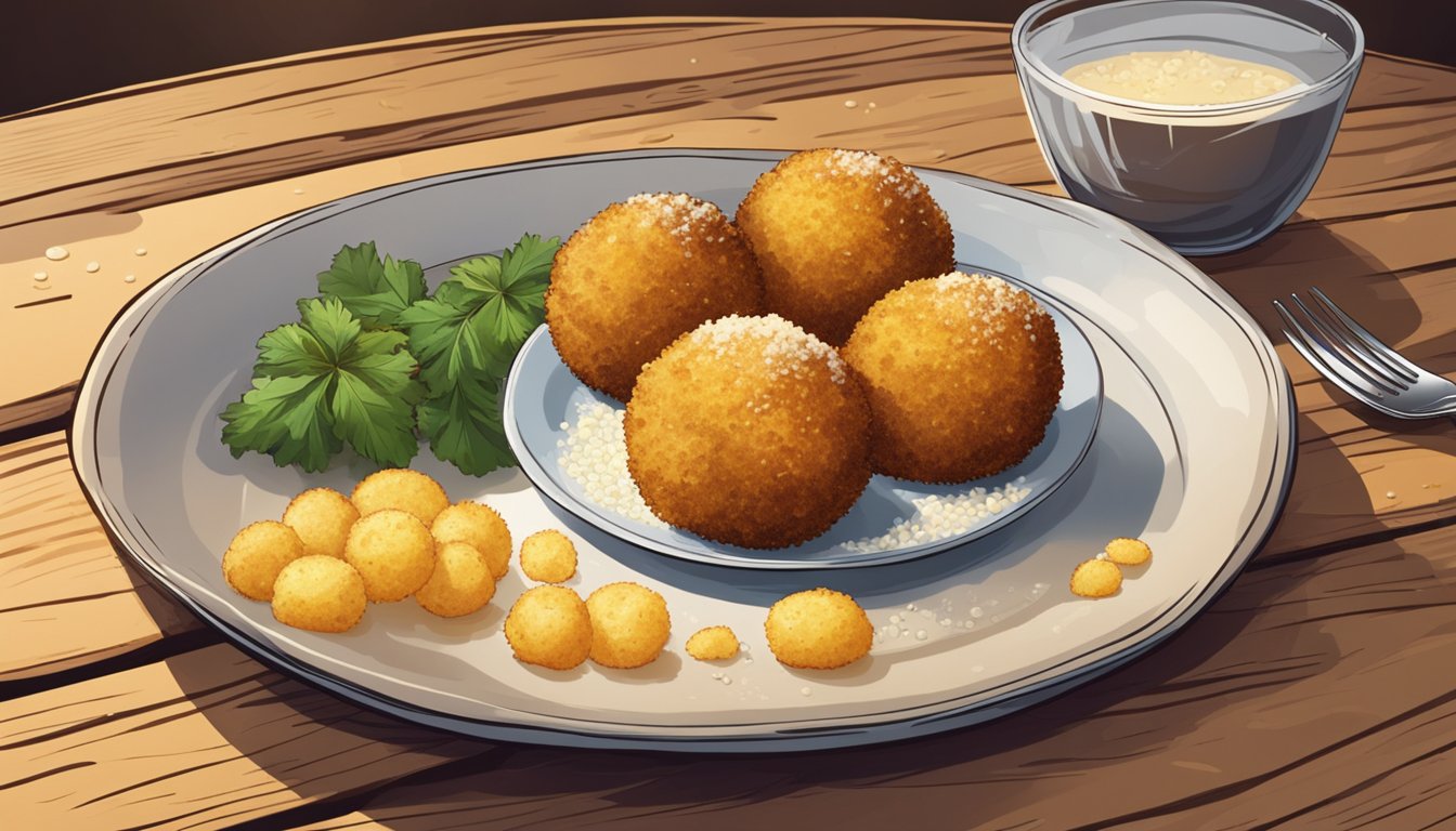 A plate of reheated arancini sits on a rustic wooden table, steam rising from the crispy golden balls. A fork hovers nearby, ready to dig in