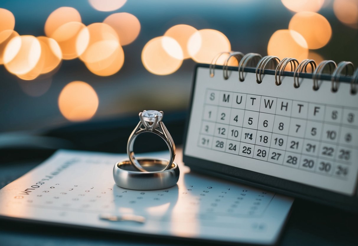 A couple's engagement ring and a calendar showing 9 months ahead