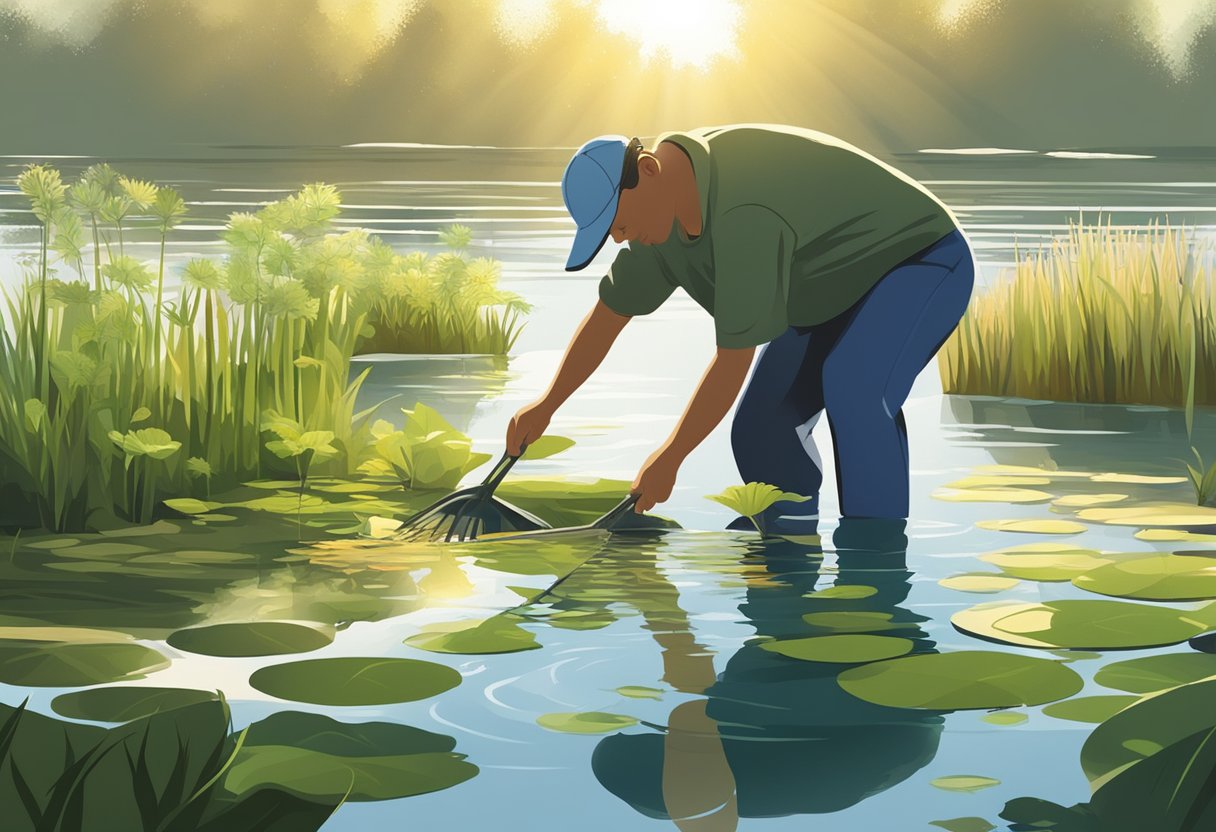 A person using a rake to remove blanket weed from a pond, with sunlight filtering through the water and fish swimming nearby