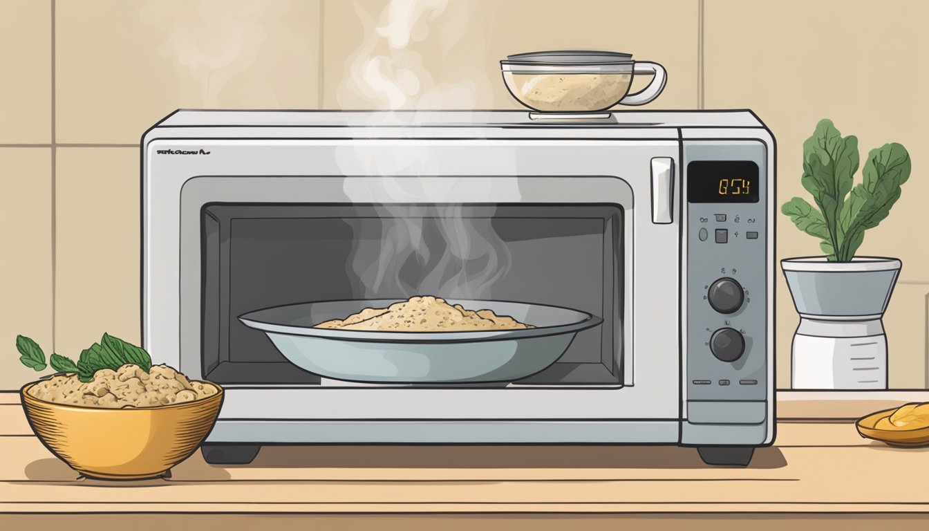 A bowl of baba ghanoush sits in a microwave, steam rising as it reheats. A spoon rests nearby