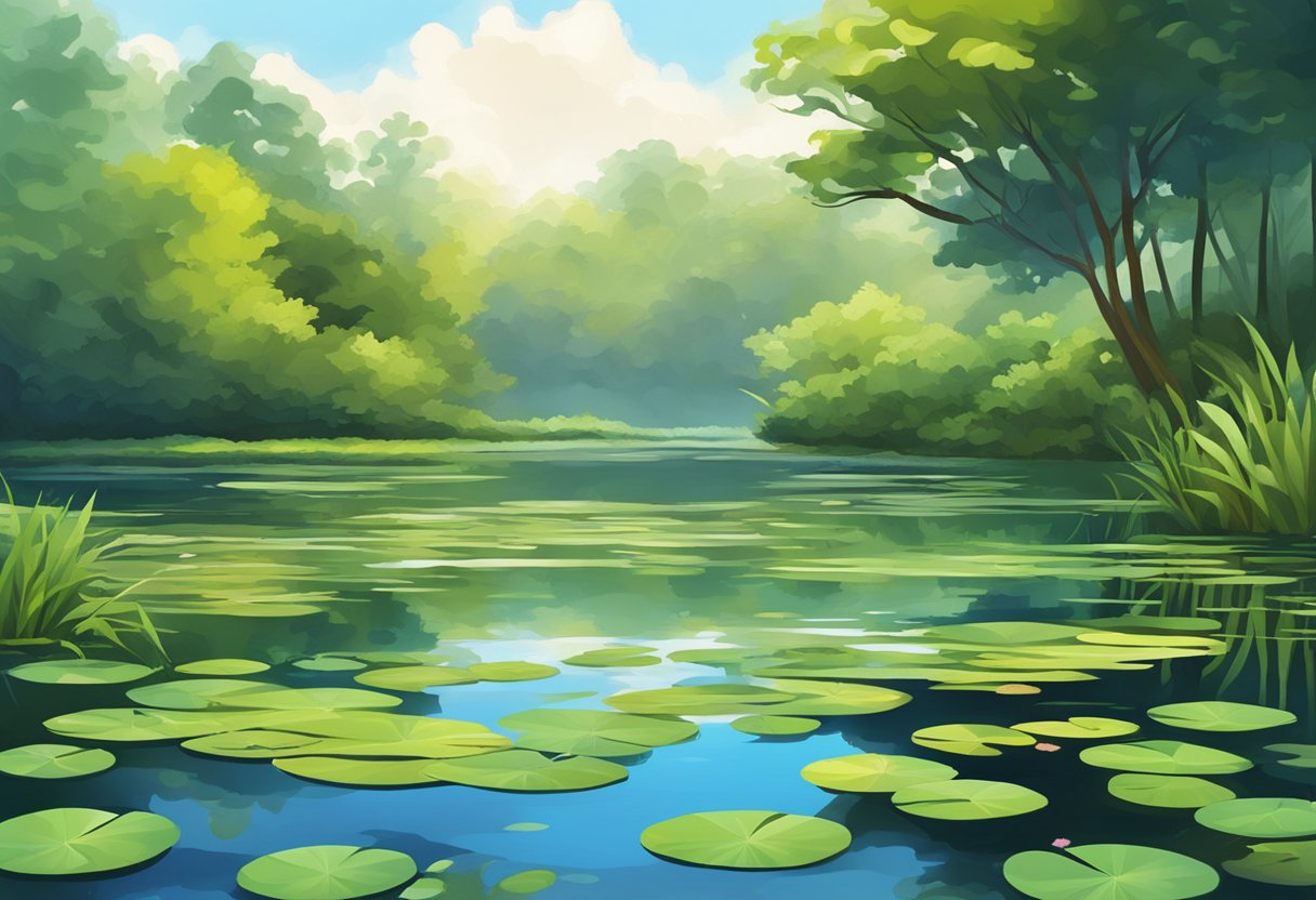 A serene pond with overgrown blanket weed floating on the surface, surrounded by lush greenery and colorful water lilies