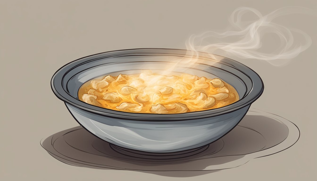 A bowl of baba ganoush being gently reheated over a low flame, with the smoky aroma wafting through the air