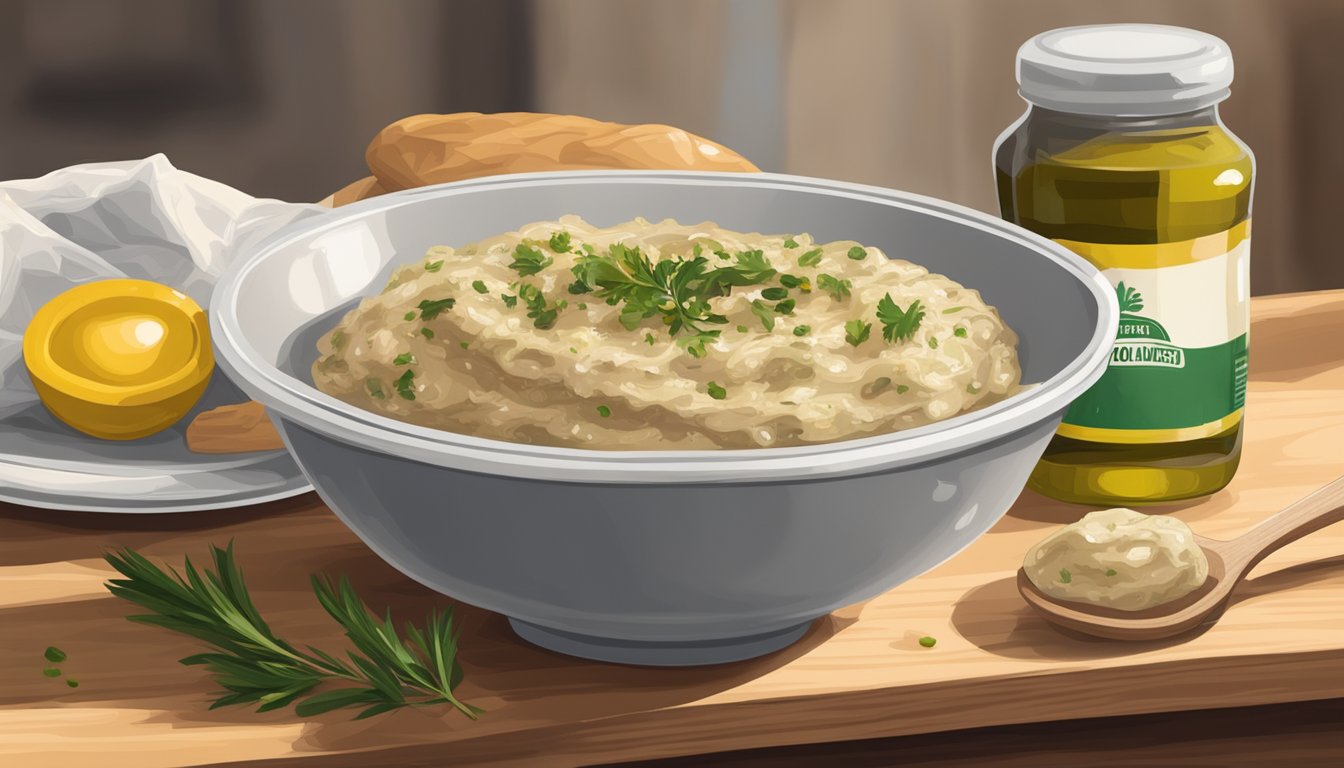 A bowl of baba ghanoush sits on a wooden table, covered in plastic wrap. A microwave and a small dish of olive oil are nearby