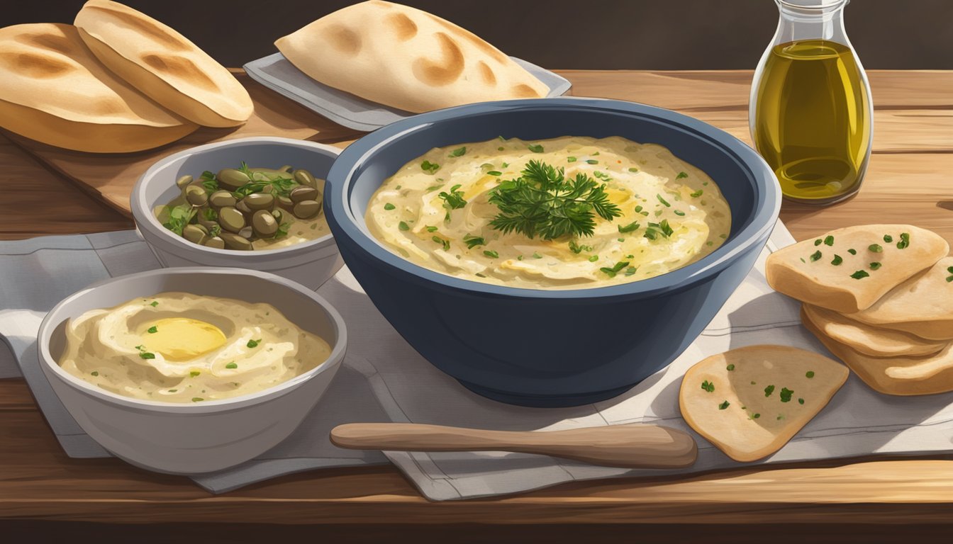 A bowl of baba ganoush sits on a rustic wooden table, surrounded by pita bread and a drizzle of olive oil. A microwave in the background indicates the process of reheating