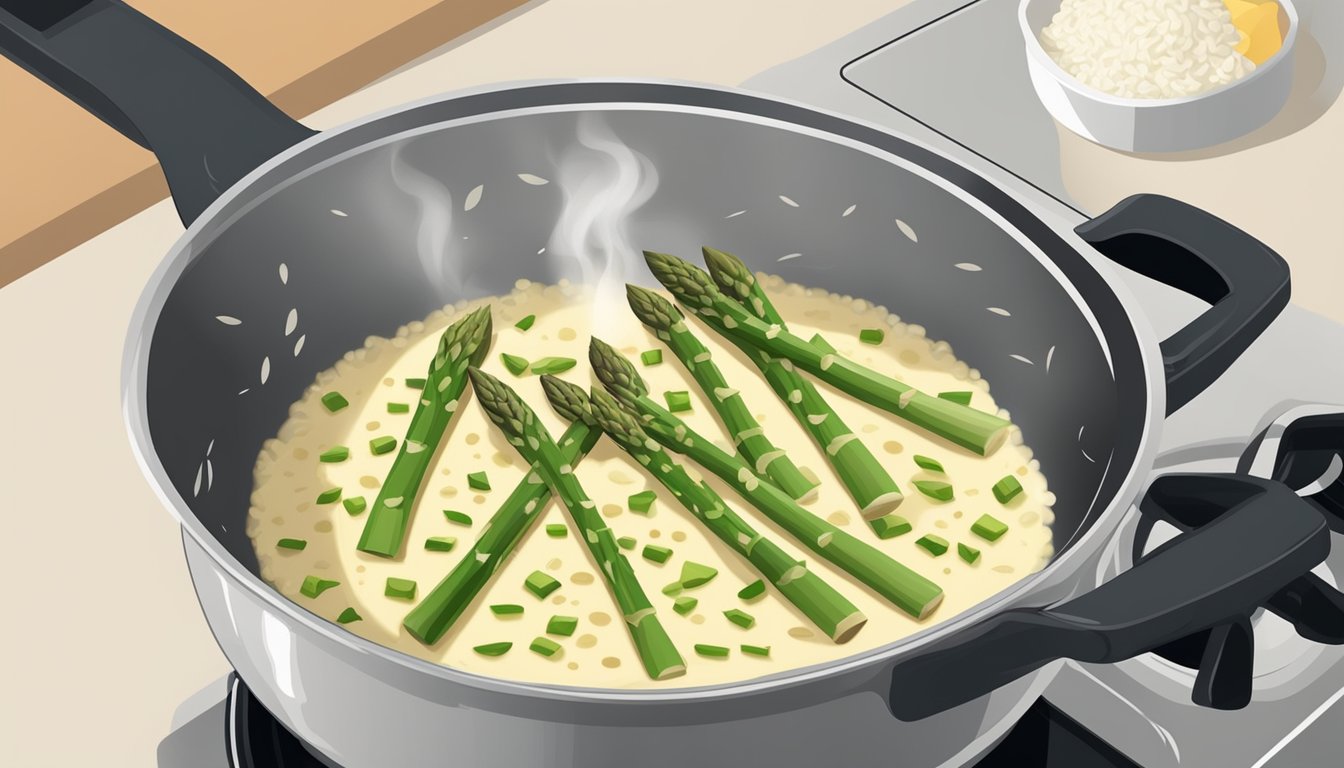 A steaming pot of asparagus risotto being gently reheated on a stovetop, the creamy rice and tender asparagus glistening with moisture