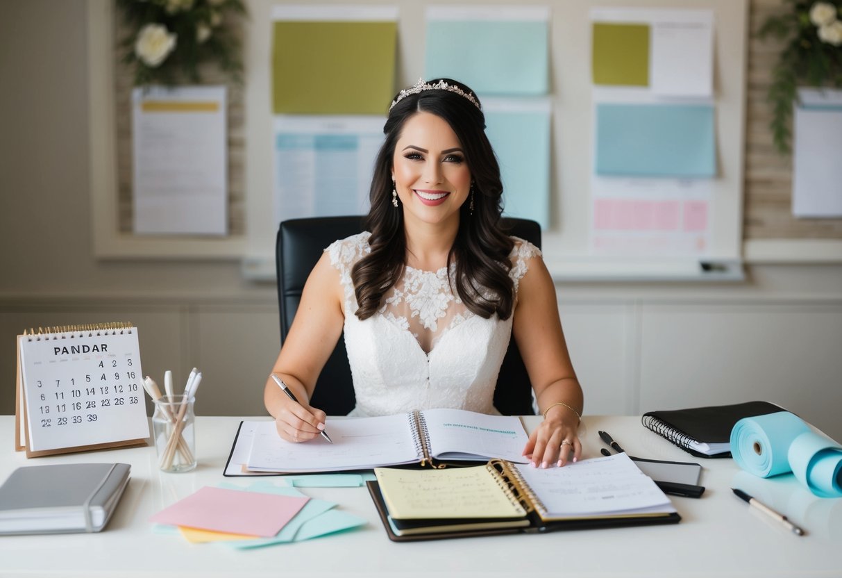 A bride-to-be sitting at a desk surrounded by wedding planning materials, including a calendar, swatches of fabric, and a notebook filled with notes and ideas