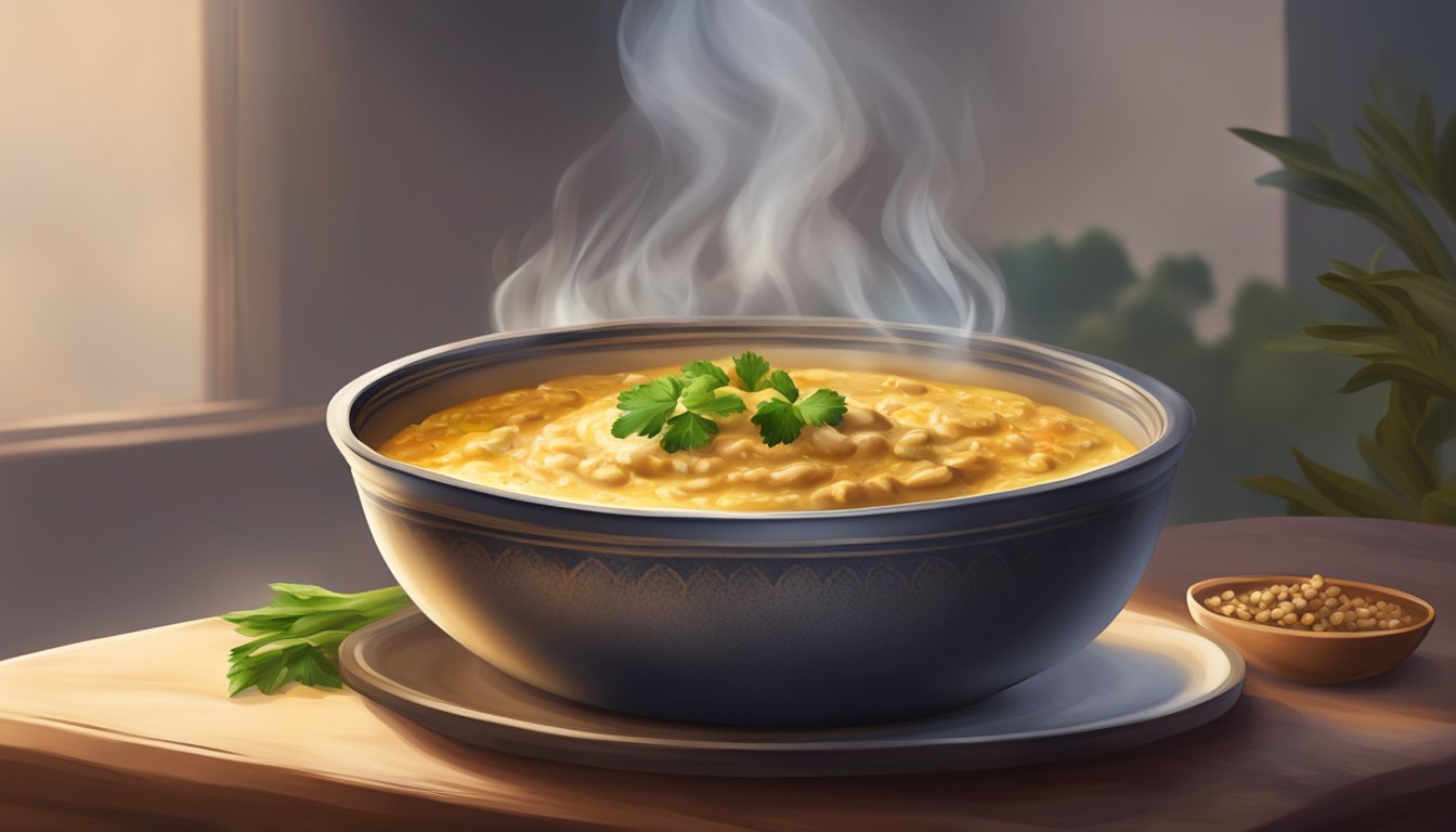 A bowl of baba ganoush is being gently warmed over a low flame, with the rich smoky aroma rising from the dish