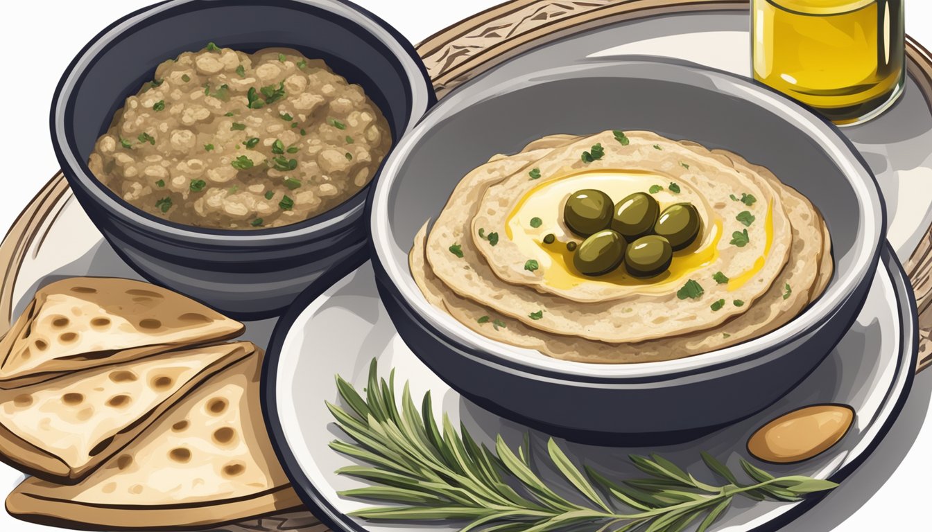 A bowl of baba ghanoush next to a plate of warm pita bread and a small dish of olive oil for dipping