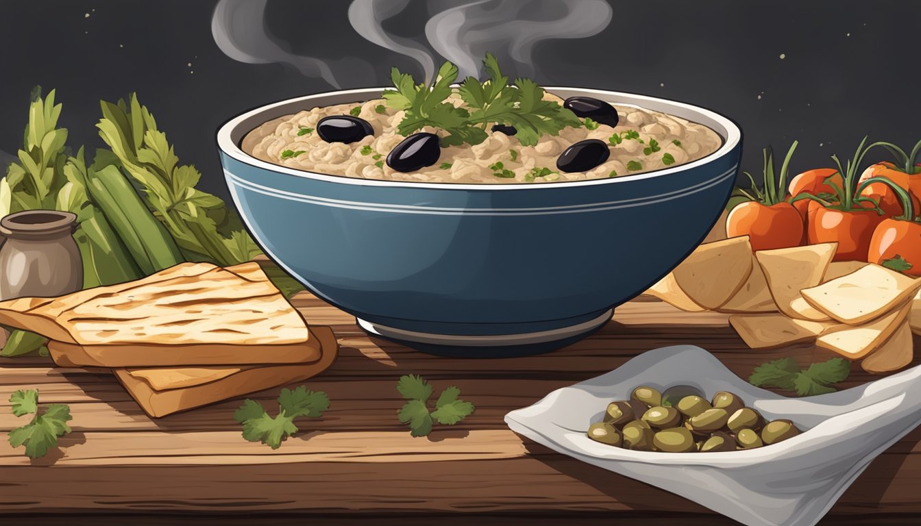 A bowl of baba ganoush sits on a rustic wooden table, surrounded by warm pita bread, olives, and sliced vegetables. A small pot of smoldering wood chips emits a fragrant smoke, infusing the air with the authentic smokiness of the dish