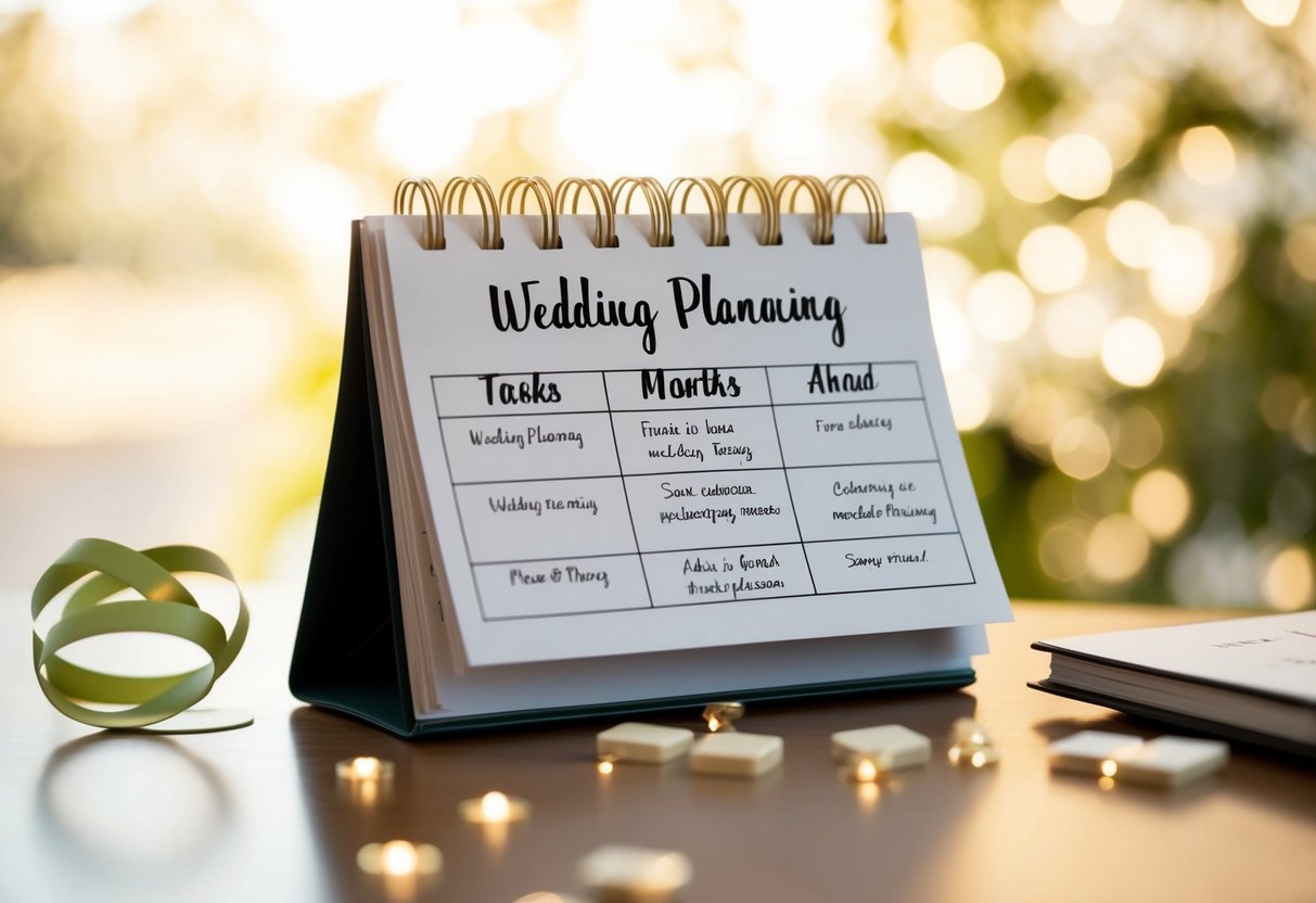 A calendar with wedding planning tasks marked 3 months ahead