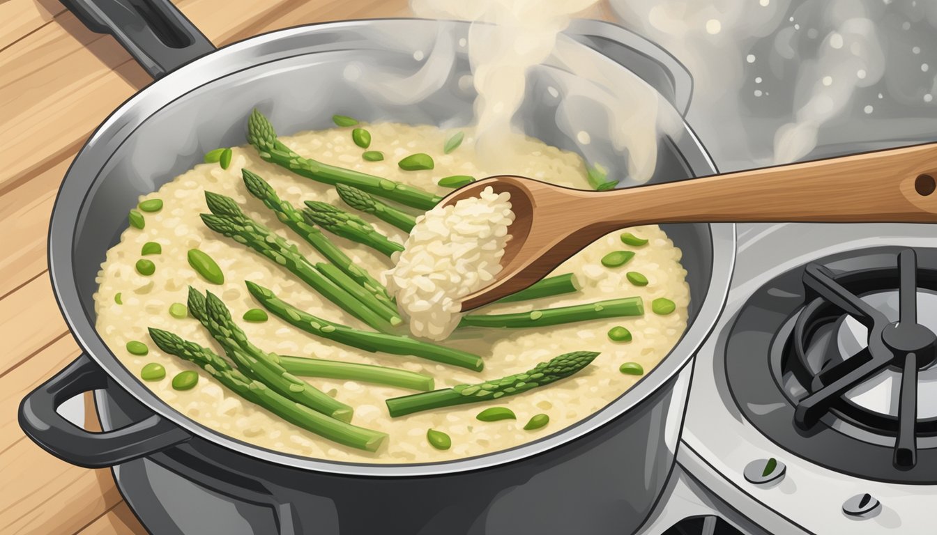 A steaming pot of leftover asparagus risotto being gently reheated on a stovetop, with a wooden spoon stirring the creamy mixture