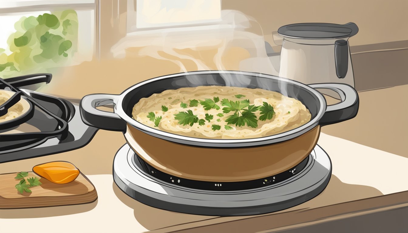 A bowl of baba ghanoush being gently reheated in a small saucepan on a stovetop