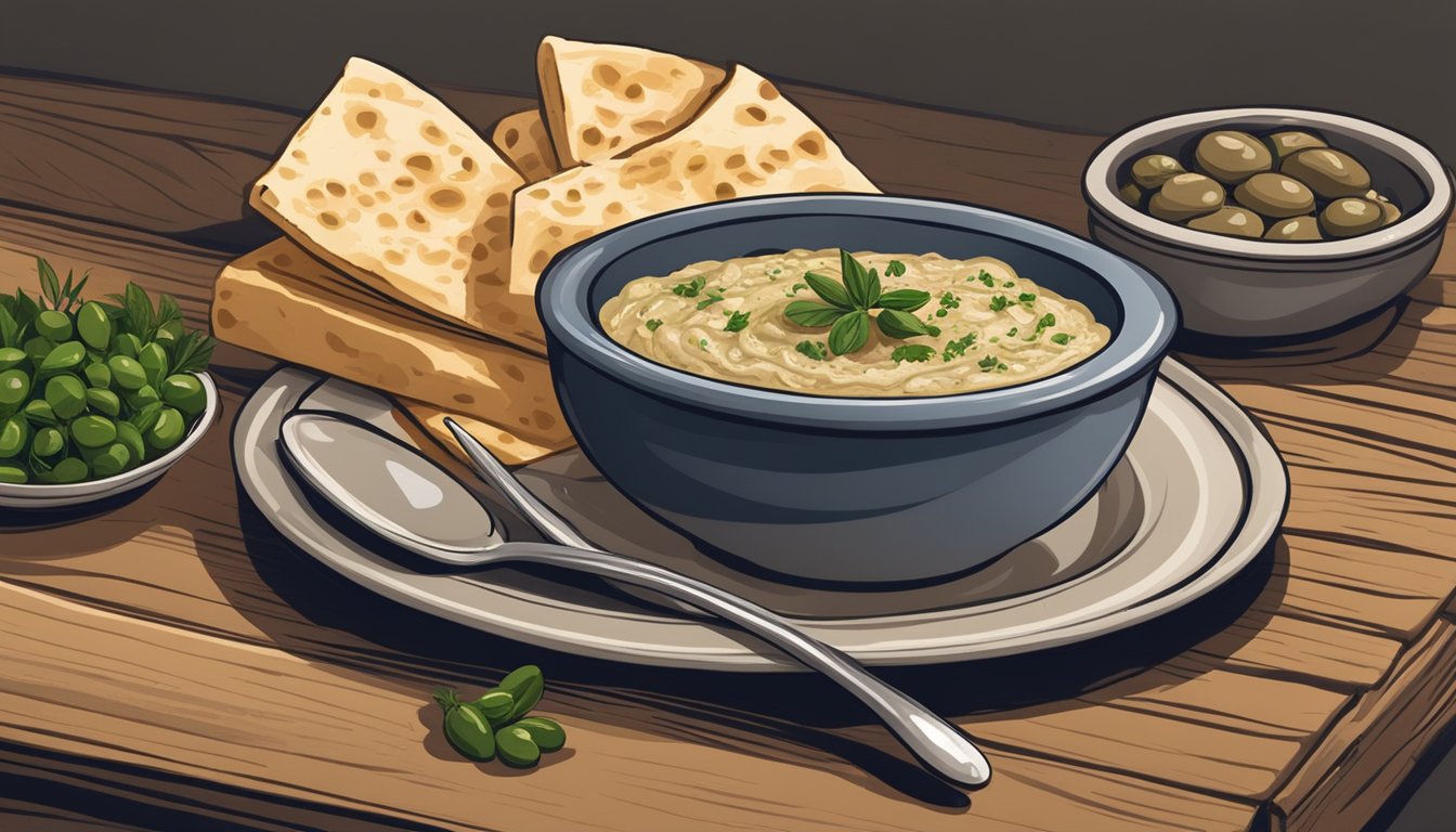 A bowl of baba ganoush sits on a rustic wooden table, surrounded by warm pita bread and a small dish of olive oil