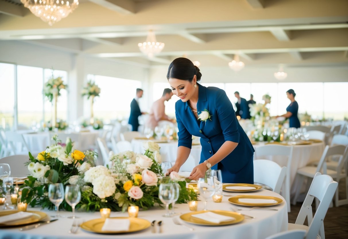 A busy wedding planner organizing decorations, flowers, and seating arrangements in a bright, spacious venue three months before the big day