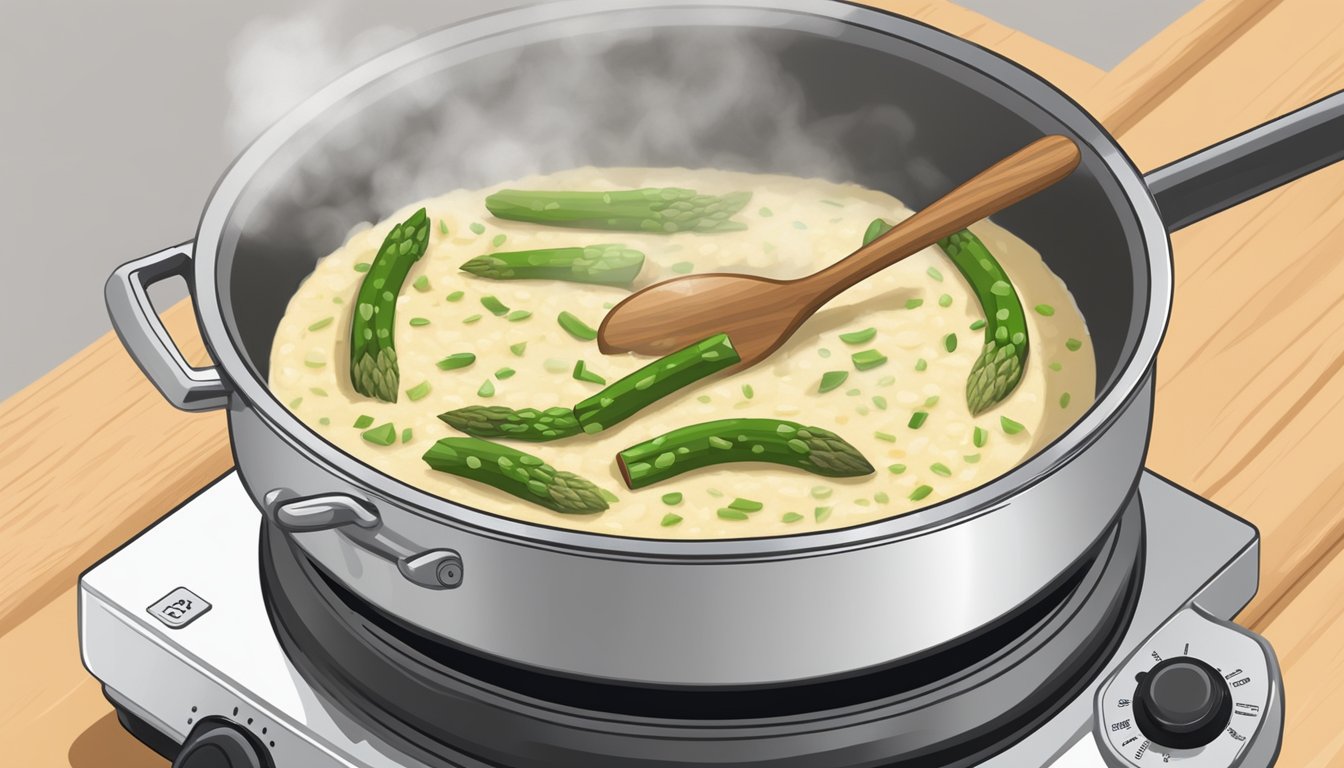 A steaming pot of asparagus risotto being gently reheated on a stovetop, with a wooden spoon stirring the creamy mixture