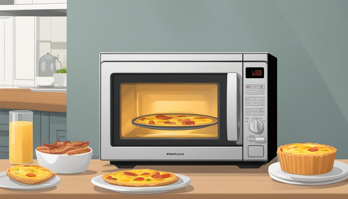 A microwave with a plate of bacon and cheddar quiche inside, with the door closed and the timer set