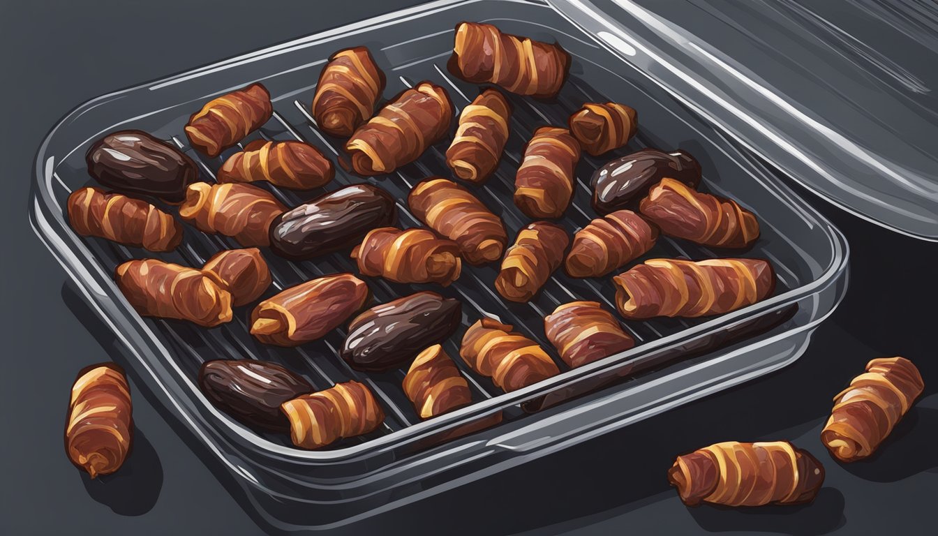 Bacon wrapped dates stored in airtight container in a cool, dark pantry. Dates being reheated in a preheated oven on a baking sheet