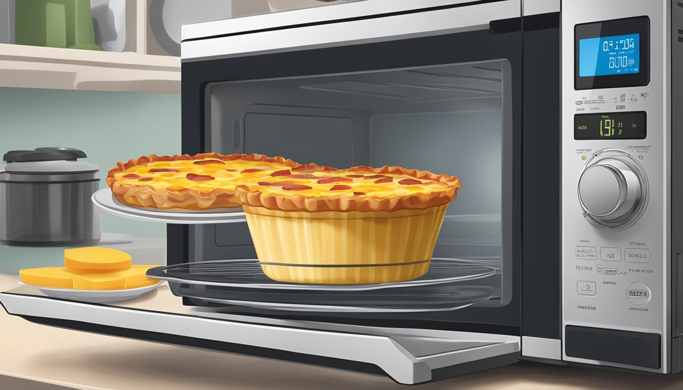 A microwave with a plate of bacon and cheddar quiche covered with a microwave-safe lid