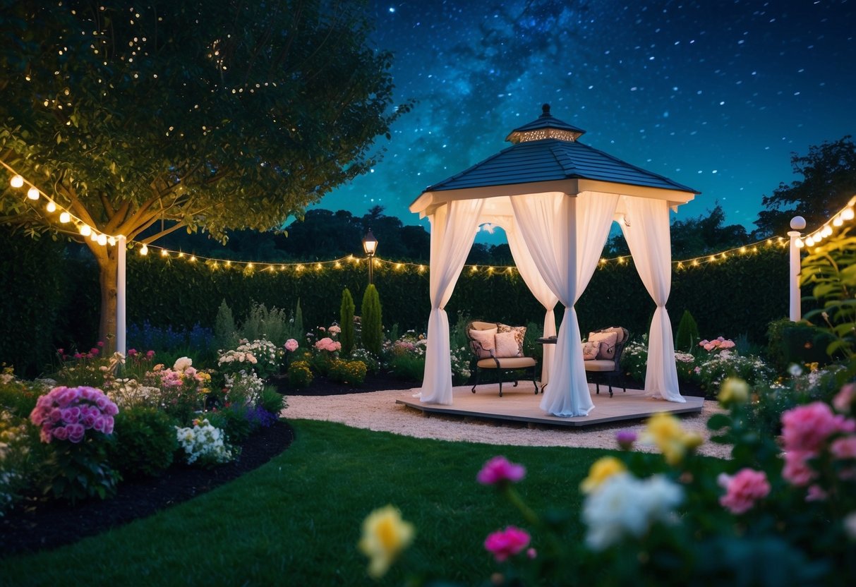 A tranquil garden with blooming flowers and a gazebo adorned with flowing fabric, surrounded by twinkling lights under a starry sky