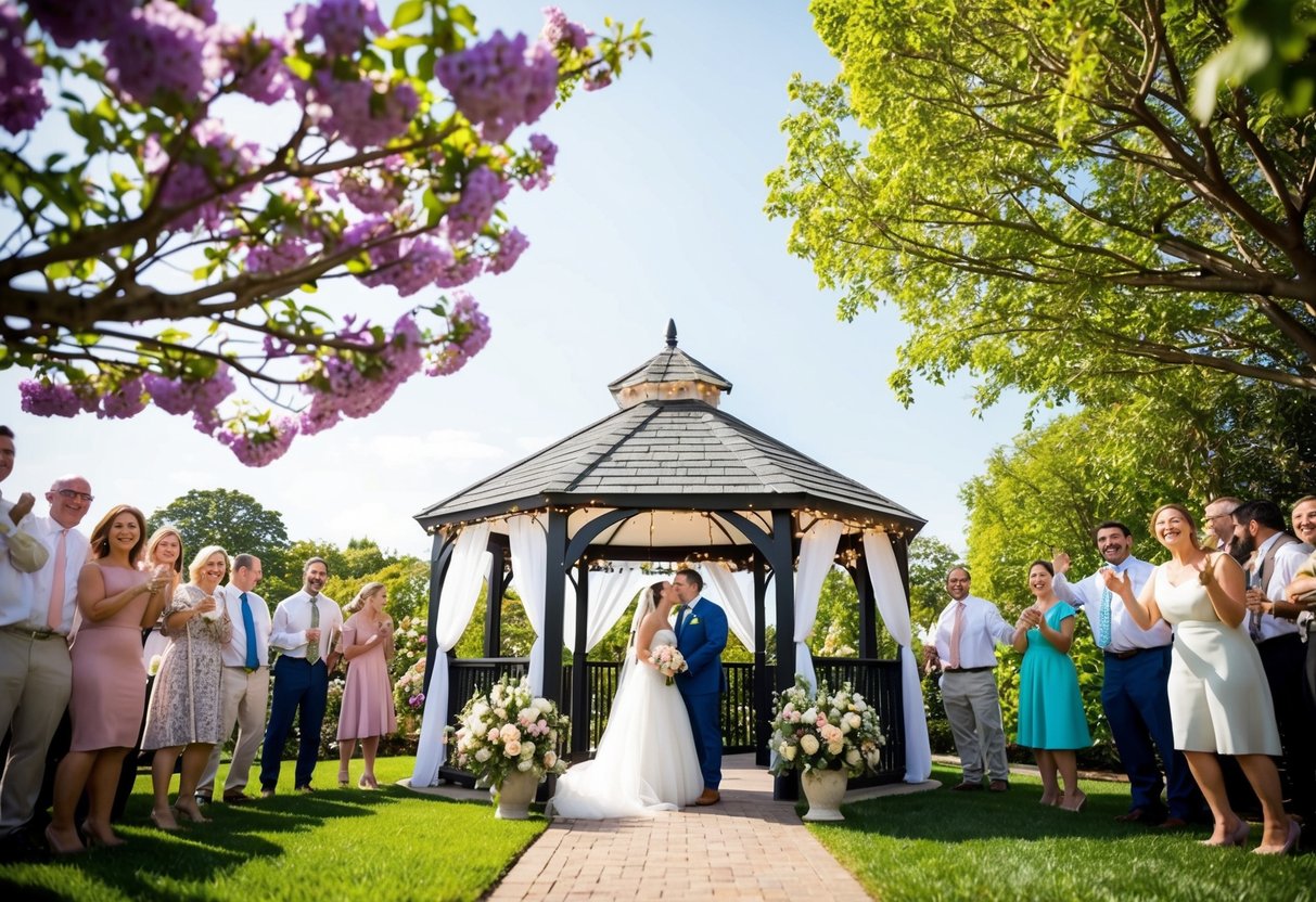 A sunny outdoor setting with blooming flowers and a gazebo decorated with white drapes and fairy lights, surrounded by happy and excited guests